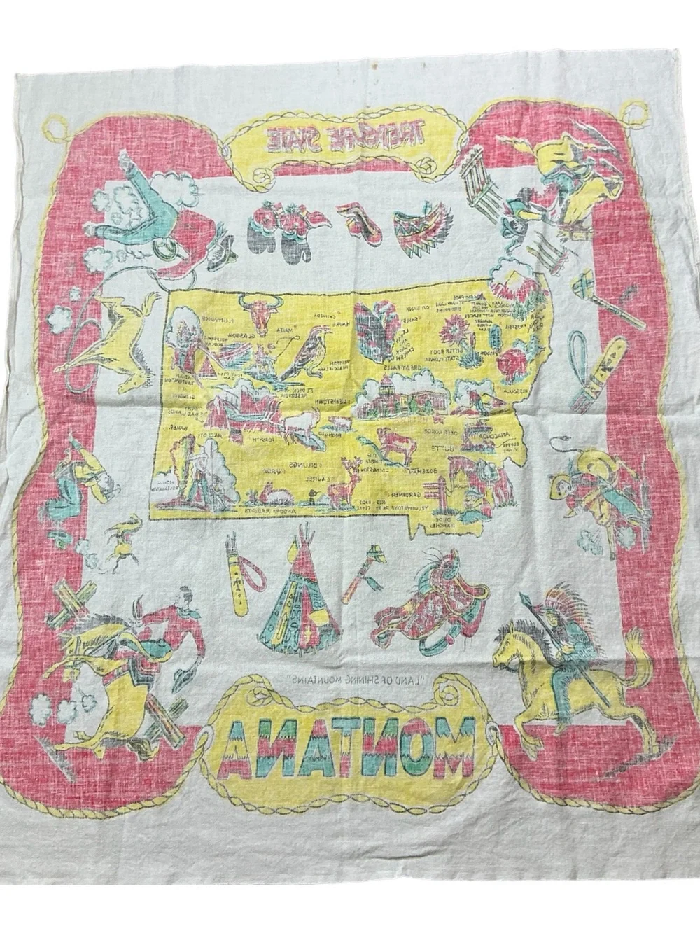 Vintage Montana land of shining mountains 1950s souvenir tablecloth 31x36